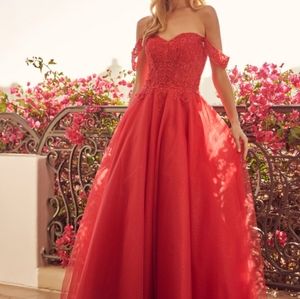 Off shoulder red or lilac tulle long formal evening ball gown pageant